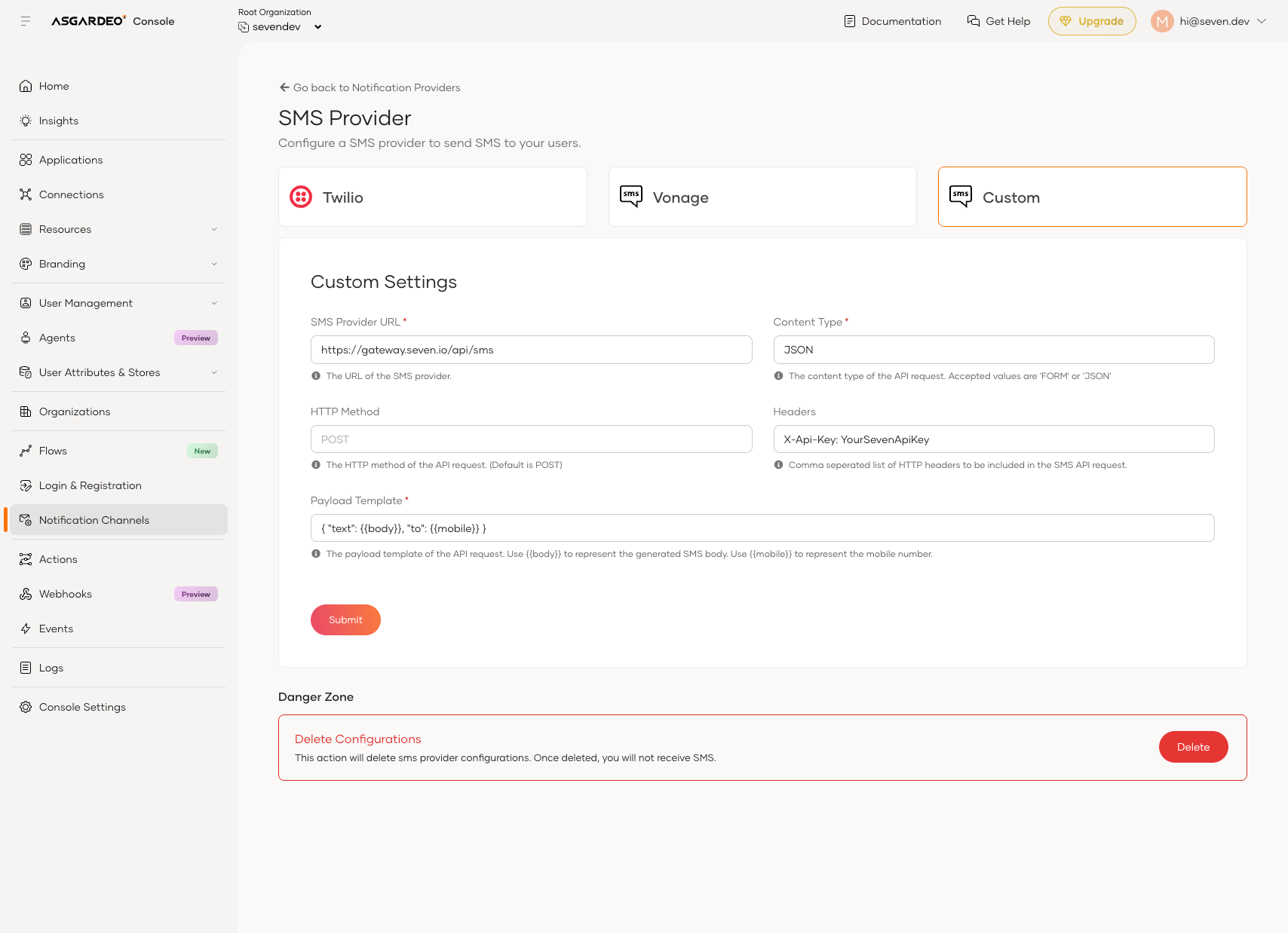 Configurar proveedor de SMS personalizado